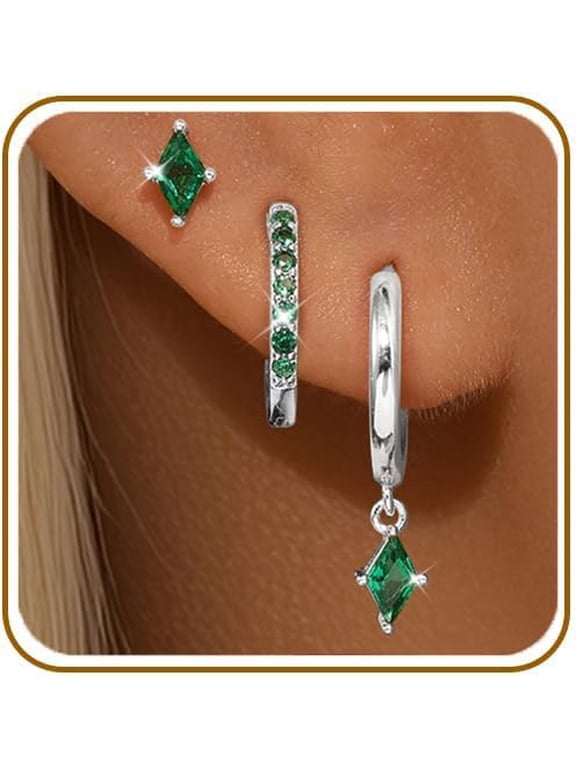 3 Pairs 925 Silver Plated Emerald Green CZ Earrings Set for Women, Stud Huggie & Dangle Hoop, Hypoallergenic Waterproof Cartilage Jewelry