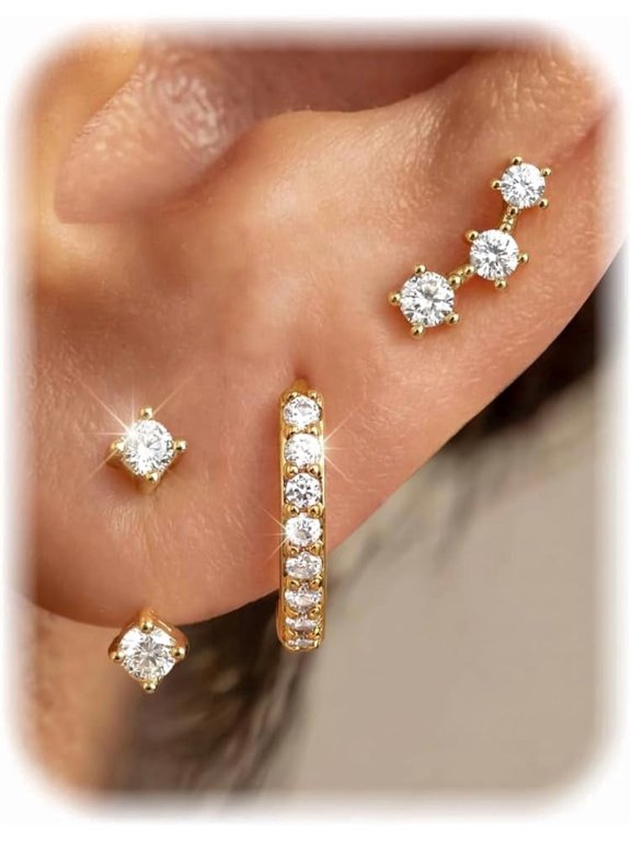 3 Pairs Gold Plated CZ Earrings Set for Women, 10mm Huggie Hoop & 15mm Dangle Drop Studs, Hypoallergenic Ear Climber Cartilage Jewelry Gift