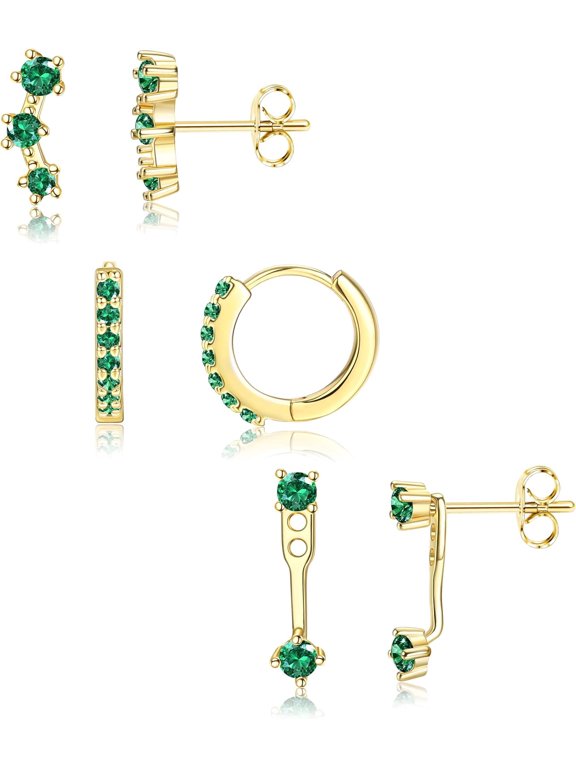 3 Pairs Gold Plated Green CZ Earrings Set for Women, 10mm Huggie Hoop & 15mm Ear Climber Studs, Hypoallergenic Dainty Stackable Jewelry for Multiple Piercings