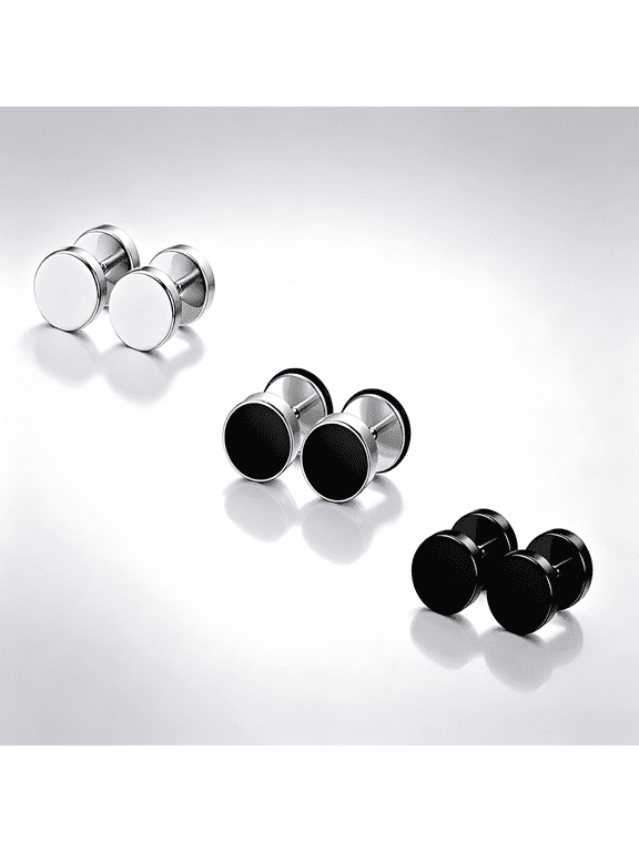 3 Pairs Stainless Steel Flat Back Earrings for Men Women, Fake Gauge Cheater Plug Studs, Hypoallergenic Jewelry Gift