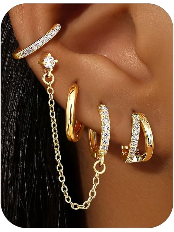 4 Pairs 14K Gold Plated Chain Hoop Earrings for Women, Huggie Set with Double Piercing & Half Pave Design, Hypoallergenic Stackable Cartilage Jewelry