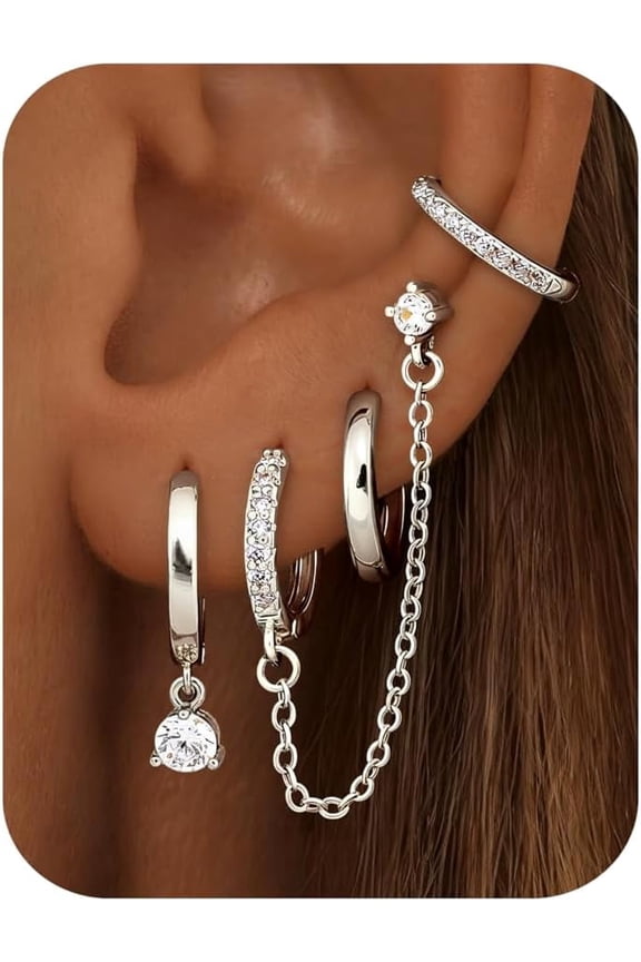 4 Pairs Silver Plated Huggie Earrings for Women, CZ Dangle & Chain Hoop Set, Hypoallergenic Stackable Cartilage Jewelry