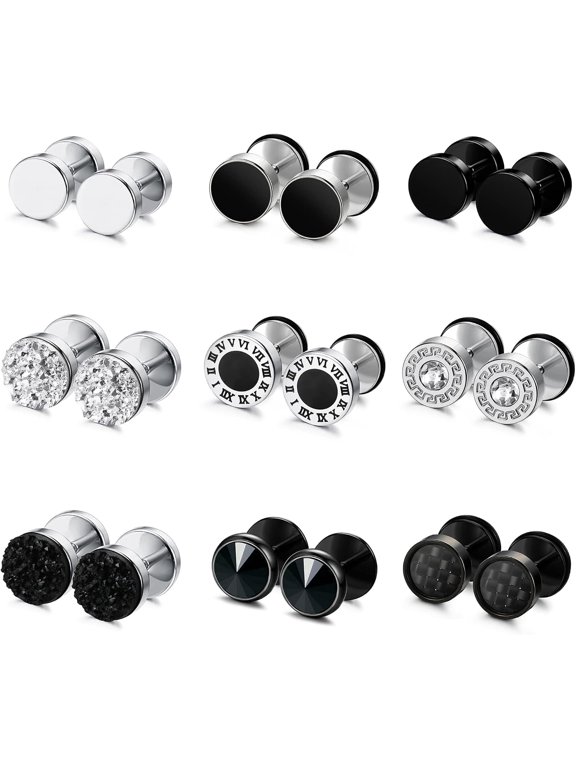 9 Pairs Stainless Steel Fake Gauge Earrings Set for Men Women, Flat Back Studs with Screw Backs, Hypoallergenic Jewelry Gift