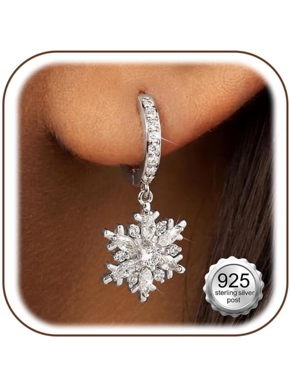 925 Silver Plated Snowflake Huggie Earrings for Women, 0.8mm Post CZ Dangle Hoops, Hypoallergenic Ear Stack Jewelry Gift