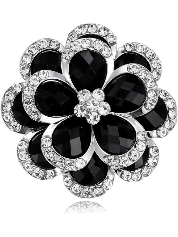 Black White Rhinestone Flower Brooch for Women, Cubic Zirconia Vintage Lapel Pin, Bridal Wedding Party Gift for Her, Birthday Anniversary Christmas