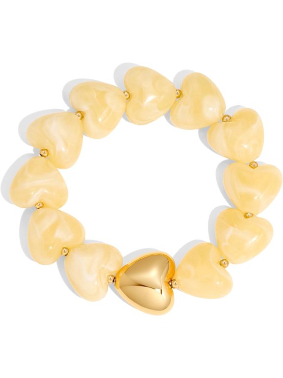 Cream Yellow Heart Beaded Bracelet for Women - Chunky Resin Stretch Bracelet with Gold Plated Heart Accent