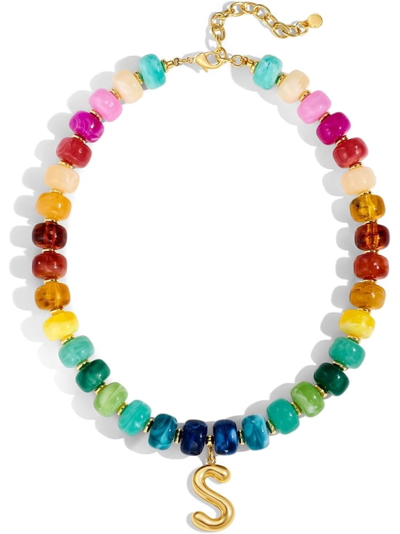 Chunky Colorful Beaded Initial Necklace - 14K Gold Plated Colorful Letter A-Z Necklaces for Women, Chunky Trendy Bubble Charm Necklace, Womens Summer Jewelry Personalized Birthday Gifts
