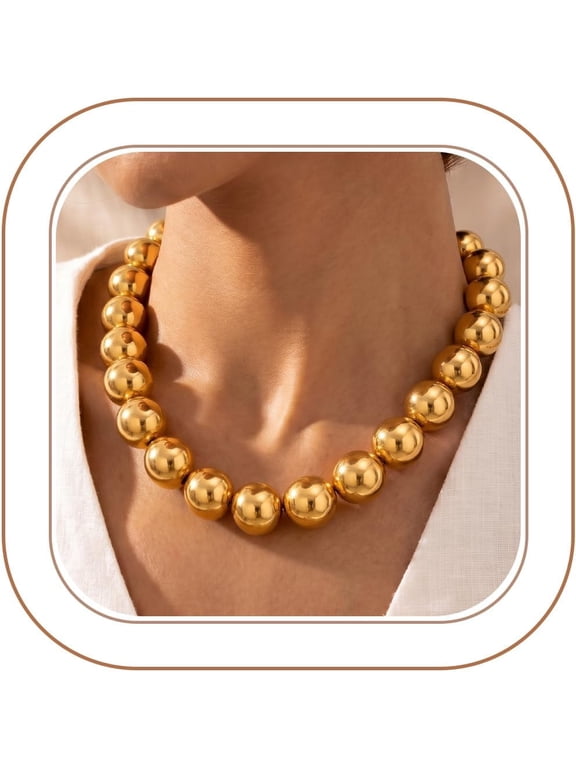 Gold Plated Chunky Necklace for Women - Big Large Round Beaded Statement Necklace, Trendy Jewelry Gifts for Anniversary Birthday