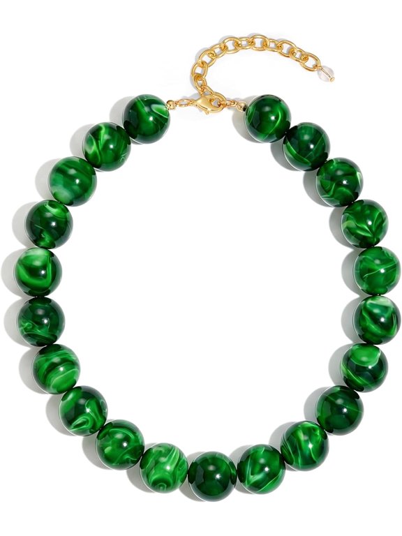 Dark Green Chunky Necklace for Women - 20MM Large Round Resin Beaded Statement Choker, Boho Summer Jewelry with Gold Plated Clasp
