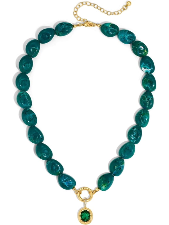 Dark Green Chunky Necklace for Women - Irregular Resin Beaded Statement Choker with Gold Plated Charm, Boho Summer Jewelry