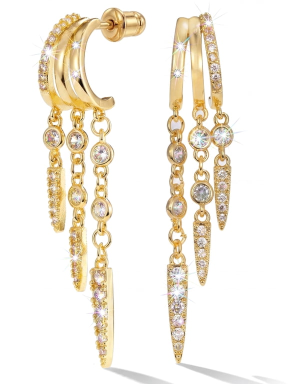 Gold Plated Illusion Dangle Earrings for Women, 3-Tier CZ Hoop Drop Earrings with Long Spike Charms, Hypoallergenic 1.2" Layered Earring for Single Piercing