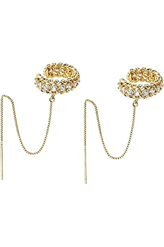 Gold Plated Threader Ear Cuff for Women, CZ Paved Wrap Around Earring with Long Chain Dangle, Piercing Required for Earlobe