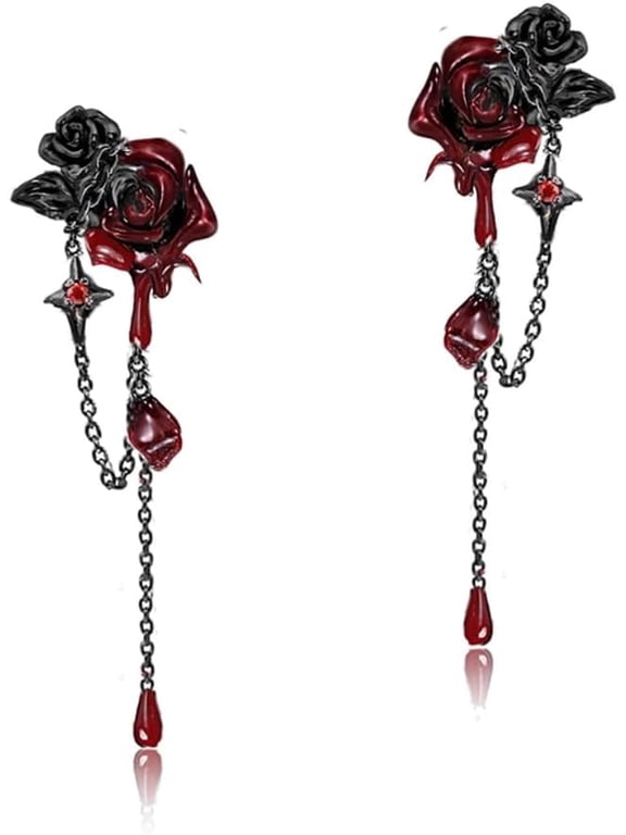 Gothic Red Rose Chain Dangle Earrings for Women, Black Punk Rose Earrings with Long Tassel Drop, Edgy Statement Jewelry for Halloween