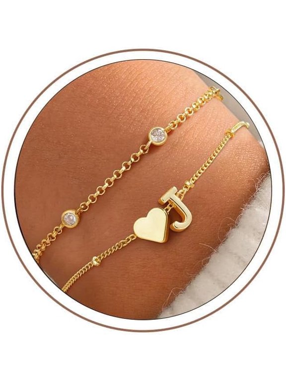 Heart Initial Bracelet for Women, 14K White Gold Plated Personalized Letter Charm Bracelet with Heart Pendant, Adjustable Monogram Jewelry Gift for Her Birthday Anniversary Valentine's Day