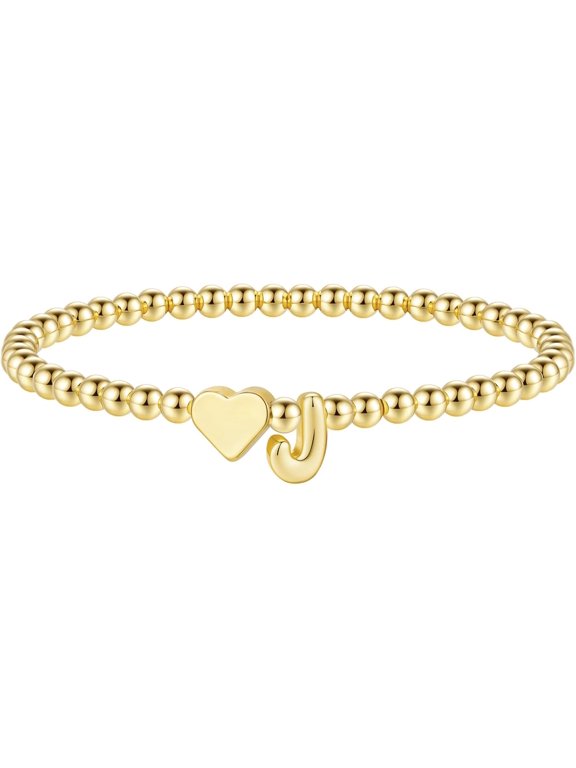 Heart Initial Bracelet for Women, Dainty 14K Gold Plated Beaded Bracelet with Personalized Letter A-Z Charm, Trendy Jewelry Gift