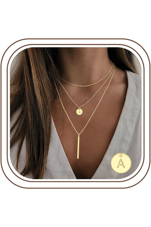 Initial Layered Necklaces for Women, 14K-Gold-Plated Coin Letter Necklace Bar Stacking Layer Necklace Multi Bar Layering Y-Necklaces Jewelry for Women