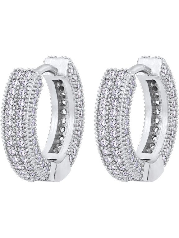 Silver Plated Iced Out Hoop Earrings for Men Women, 20mm Chunky Micro Pave 5A CZ Huggie, Hypoallergenic Streetwear Jewelry