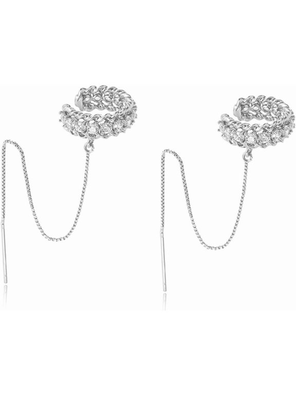 Silver Plated Threader Ear Cuff for Women, CZ Paved Wrap Around Earring with Long Chain Dangle, Piercing Required for Earlobe