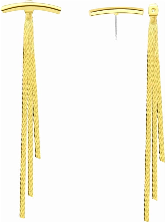 long gold dangling earrings, punk-style metal chain tassel earrings, 70s/80s disco clothing accessories, with jewelry box.