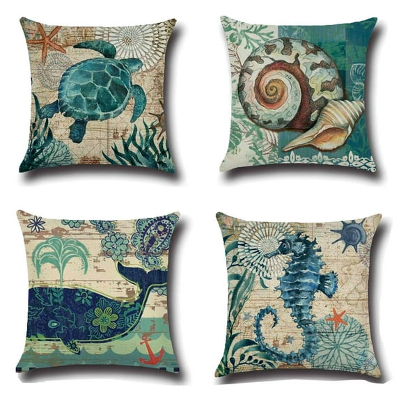 SUFAM Set of 4 Pillow Cases Benthos Marine Animal Blue Retro Turtle Conch Whale Hippo Starfish Throw Pillowcase Cover Cushion Case Home Decor 16x16 inch