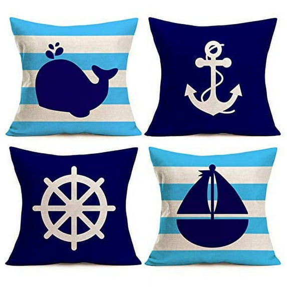 SUFAM Set of 4 Pillow Cases Blue Navigation Sailboat Anchor Rudder Whale Ocean Striped Navy Modern Throw Pillowcase Cover Cushion Case Home Decor 18x18 inch