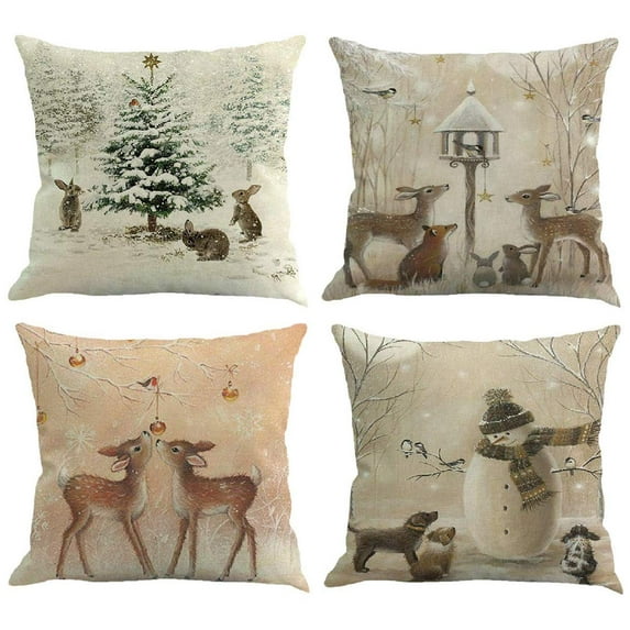 SUFAM Set of 4 Pillow Cases Christmas Deer Animal Winter Retro Tree Rabbit Snowman Elk Forest Throw Pillowcase Cover Cushion Case Home Decor 18x18 inch