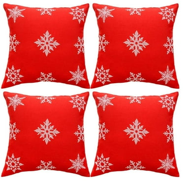 SUFAM Set of 4 Pillow Cases Christmas Holiday Embroidered Snowflake Winter Red Modern Pastoral Simple Throw Pillowcase Cover Cushion Case Home Decor 16x16 inch