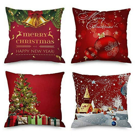 SUFAM Set of 4 Pillow Cases Christmas Modern Night Starry Winter Red Green Bell Tree Snowman Throw Pillowcase Cover Cushion Case Home Decor 20x20 inch