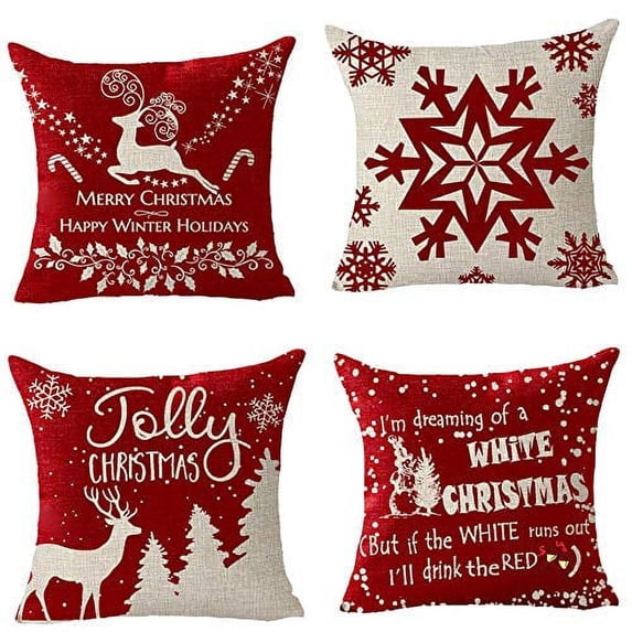 SUFAM Set of 4 Pillow Cases Dreaming of White Christmas Snowing Animal Elk Tree Red Snowflake Winter Throw Pillowcase Cover Cushion Case Home Decor 20x20 inch