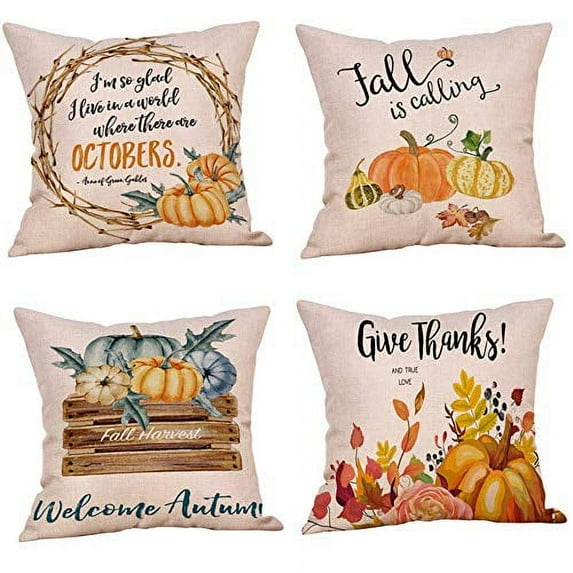 SUFAM Set of 4 Pillow Cases Fall Autumn Thanksgiving Happy Yall Pumpkin Colorful Yellow Leaf Throw Pillowcase Cover Cushion Case Home Decor 18x18 inch
