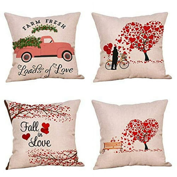 SUFAM Set of 4 Pillow Cases Farm Fresh Vintage Truck Flowers Valentines Special Delivery Love Heart Trees Throw Pillowcase Cover Cushion Case Home Decor 16x16 inch