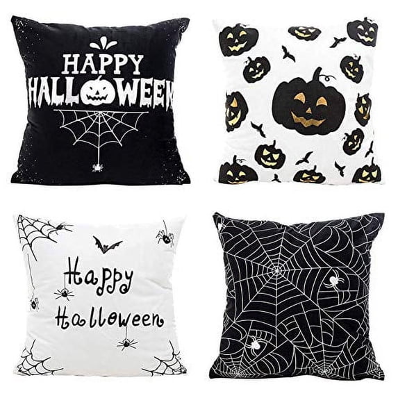 SUFAM Set of 4 Pillow Cases Happy Halloween Black and White Bat Pumpkin Winter Horror Simple Modern Spider Throw Pillowcase Cover Cushion Case Home Decor 16x16 inch