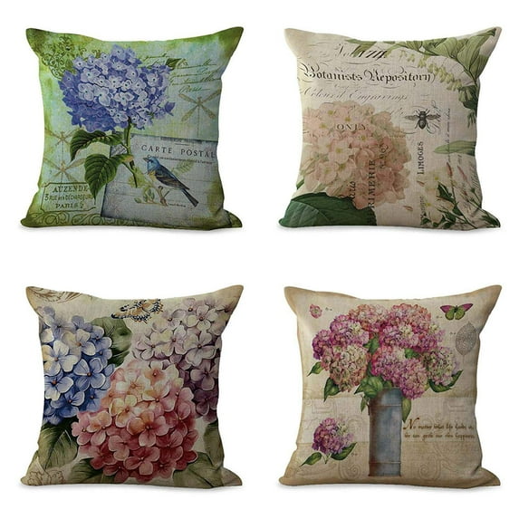 SUFAM Set of 4 Pillow Cases Hydrangea Vintage Flower Summer Retro Plant Bird Butterfly Blue Pink Throw Pillowcase Cover Cushion Case Home Decor 18x18 inch