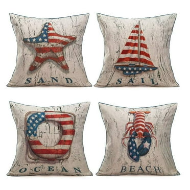 SUFAM Set of 4 Pillow Cases Independence Day American Flag Ocean Beach Retro Nautical Boat Anchor Starfish Throw Pillowcase Cover Cushion Case Home Decor 16x16 inch
