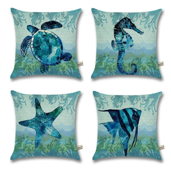 SUFAM Set of 4 Pillow Cases Mediterranean Vintage Nautical Sea Turtle Seahorse Starfish Fish Throw Pillowcase Cover Cushion Case Home Decor 20x20 inch