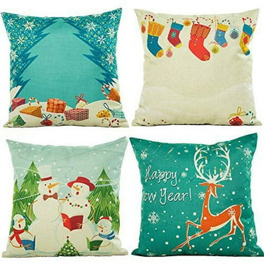 SUFAM Set of 4 Pillow Cases Merry Christmas Series Car Winter Blue Snowman Elk Snowflake Modern Sock Tree Throw Pillowcase Cover Cushion Case Home Decor 16x16 inch