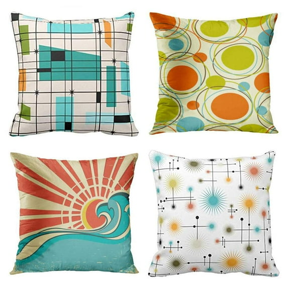 SUFAM Set of 4 Pillow Cases Mid Retro Century Teal Grid Orange Colorful 1950S Abstract 1960S Throw Pillowcase Cover Cushion Case Home Decor 16x16 inch