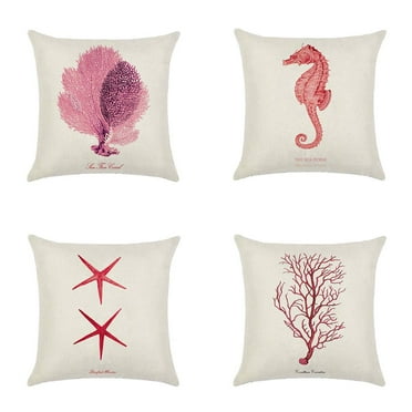 SUFAM Set of 4 Pillow Cases Ocean Park Shape Beach Sea Starfish Seahorse Voyage Red Modern Simple Unique Throw Pillowcase Cover Cushion Case Home Decor 16x16 inch