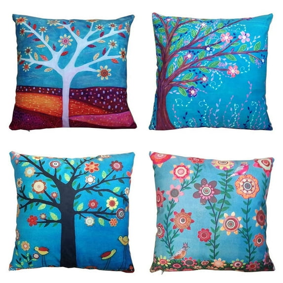 SUFAM Set of 4 Pillow Cases Oil Painting Tree Super Blue Stick Figure Fast Paced World Pastoral Spring Throw Pillowcase Cover Cushion Case Home Decor 20x20 inch