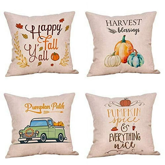 SUFAM Set of 4 Pillow Cases Pumpkin Spice Happy Fall Harvest Blessing Thanksgiving Autumn Farmhouse Pumkin Throw Pillowcase Cover Cushion Case Home Decor 18x18 inch