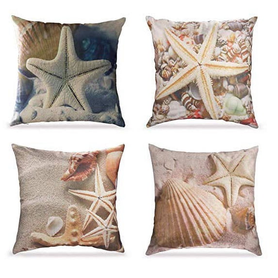 SUFAM Set of 4 Pillow Cases Sea Only Ocean Shell Conch Starfish Pattern Beach House Coastal Summer Snail Throw Pillowcase Cover Cushion Case Home Decor 20x20 inch