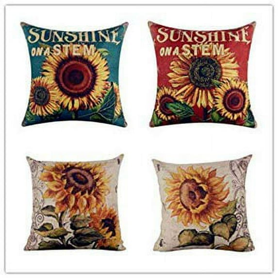 SUFAM Set of 4 Pillow Cases Shabby Chic Vintage Red Sunflower Burlap Sunshine Retro Nostalgic Throw Pillowcase Cover Cushion Case Home Decor 16x16 inch
