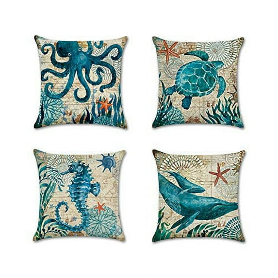 SUFAM Set of 4 Pillow Cases Supermarket Ocean Mediterranean Starfish Sea Horse Shellconches Blue Throw Pillowcase Cover Cushion Case Home Decor 20x20 inch