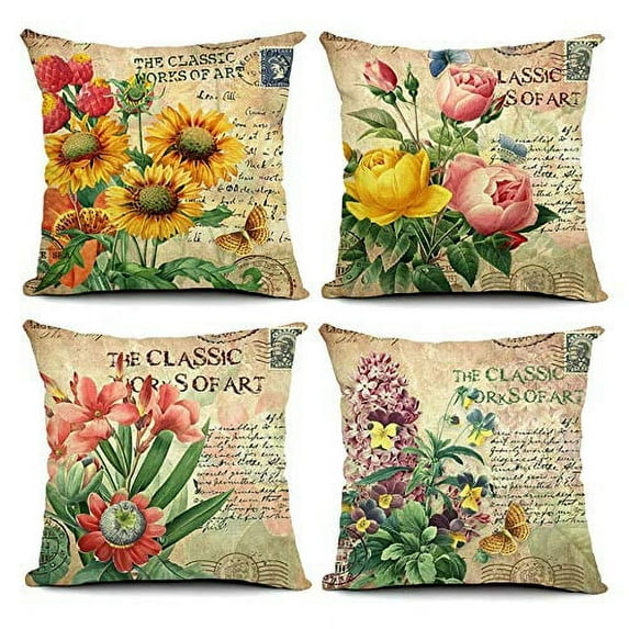 SUFAM Set of 4 Pillow Cases Vintage Flower Sunflower Butterfly Words Retro Floral Rural Mail Throw Pillowcase Cover Cushion Case Home Decor 16x16 inch