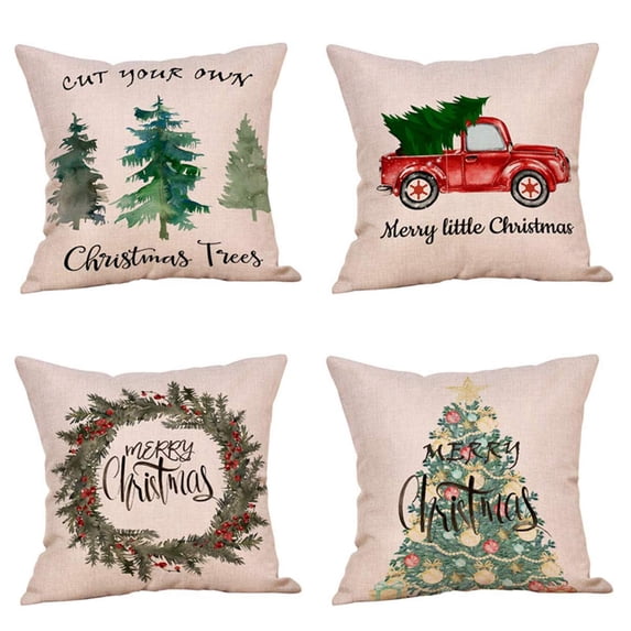 SUFAM Set of 4 Pillow Cases Vintage Red Truck Xmas Tree Farmhouse Santa Claus Deer Wiener Dog Snowman Merry Throw Pillowcase Cover Cushion Case Home Decor 16x16 inch