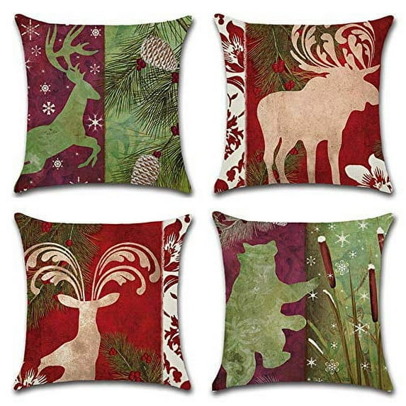 SUFAM Set of 4 Pillow Cases Vintage Wildlife Elk Moose Bear Deer Pine Tree Cone Snowflake Christmas Retro Throw Pillowcase Cover Cushion Case Home Decor 16x16 inch