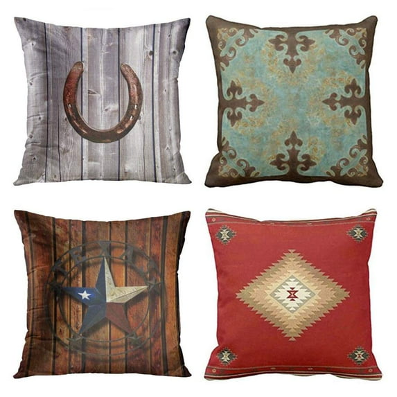 SUFAM Set of 4 Pillow Cases Western Wood Country Lucky Horseshoe Rustic Cowgirl Turquoise Cowboy Throw Pillowcase Cover Cushion Case Home Decor 16x16 inch