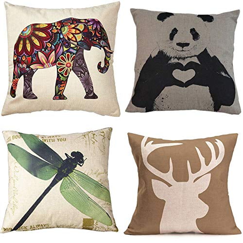 SUFAM Set of 4 Pillow Cases Animals Elephant Panda Deer Dragonfly Retro Cute Pastoral Throw Pillowcase Cover Cushion Case Home Decor 16x16 inch