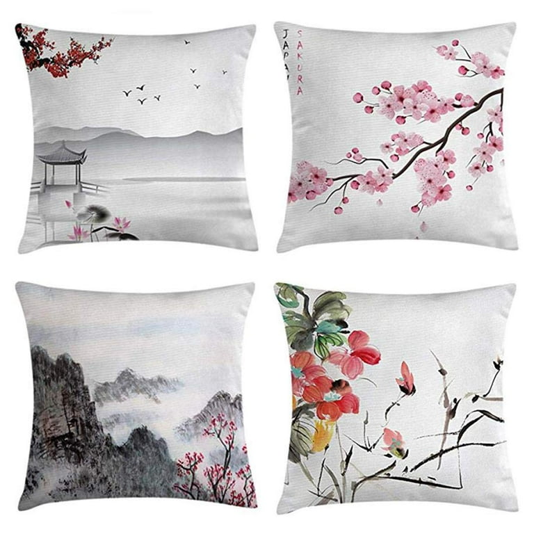 SUFAM Set of 4 Pillow Cases Asian Japanese Pink Cherry Art White Garden Bird Small Pavilion Throw Pillowcase Cover Cushion Case Home Decor 20x20 inch Walmart