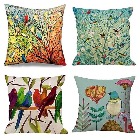SUFAM Set of 4 Pillow Cases Birds Tree Life and Green Oil Painting Hundreds Bird Throw Pillowcase Cover Cushion Case Home Decor 20x20 inch